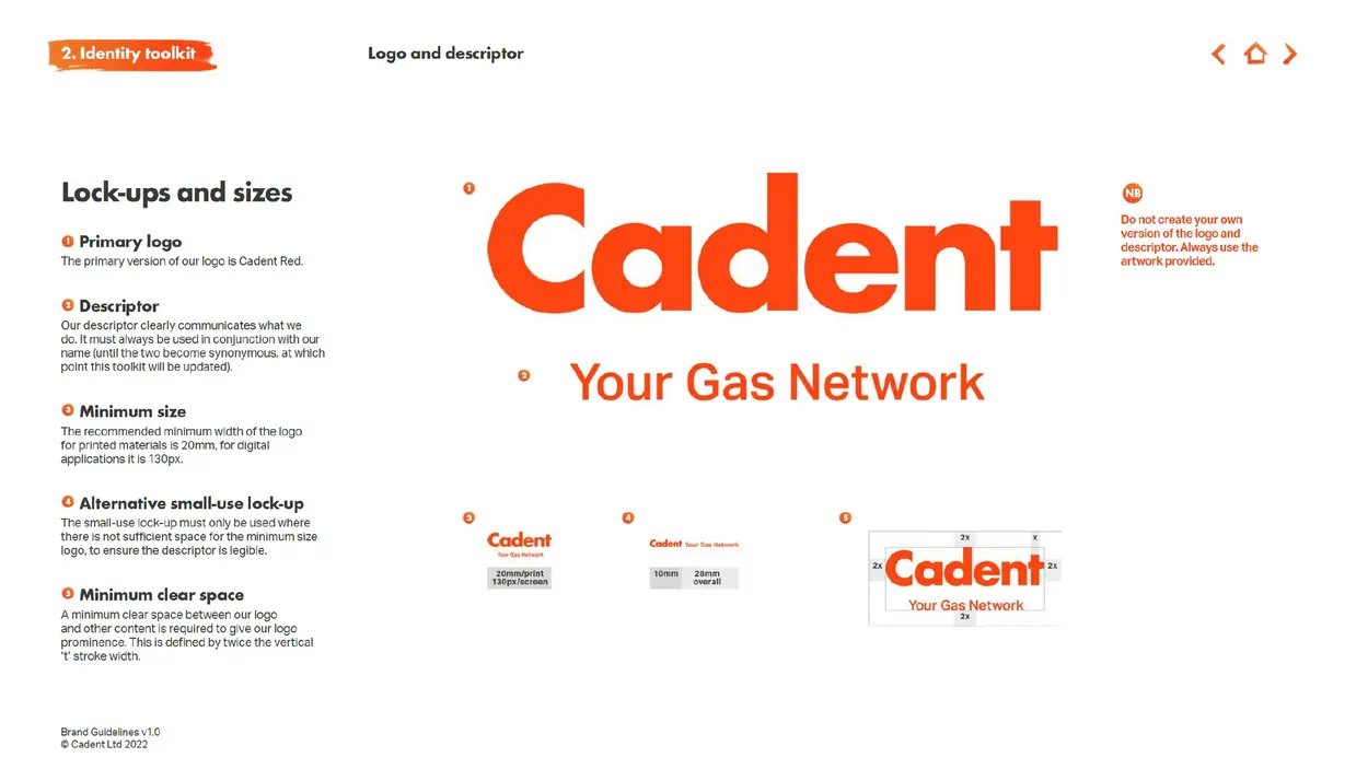 Cadent logo and descriptor lock-ups with minimum sizes and clear space