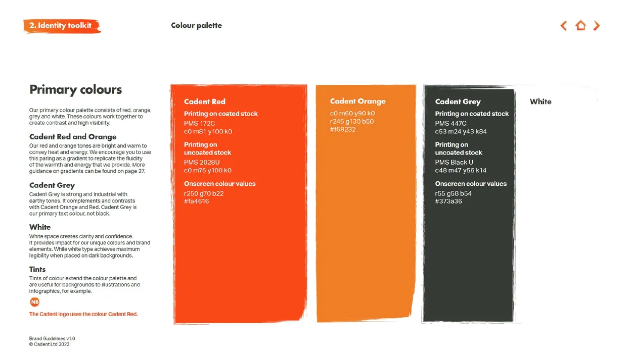 Cadent primary colour palette in red, orange, grey and white
