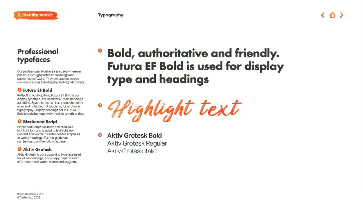 Cadent typography using Futura EF Bold and Aktiv Grotesk