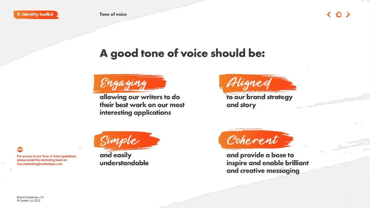 Cadent tone of voice principles: engaging, aligned, simple and coherent