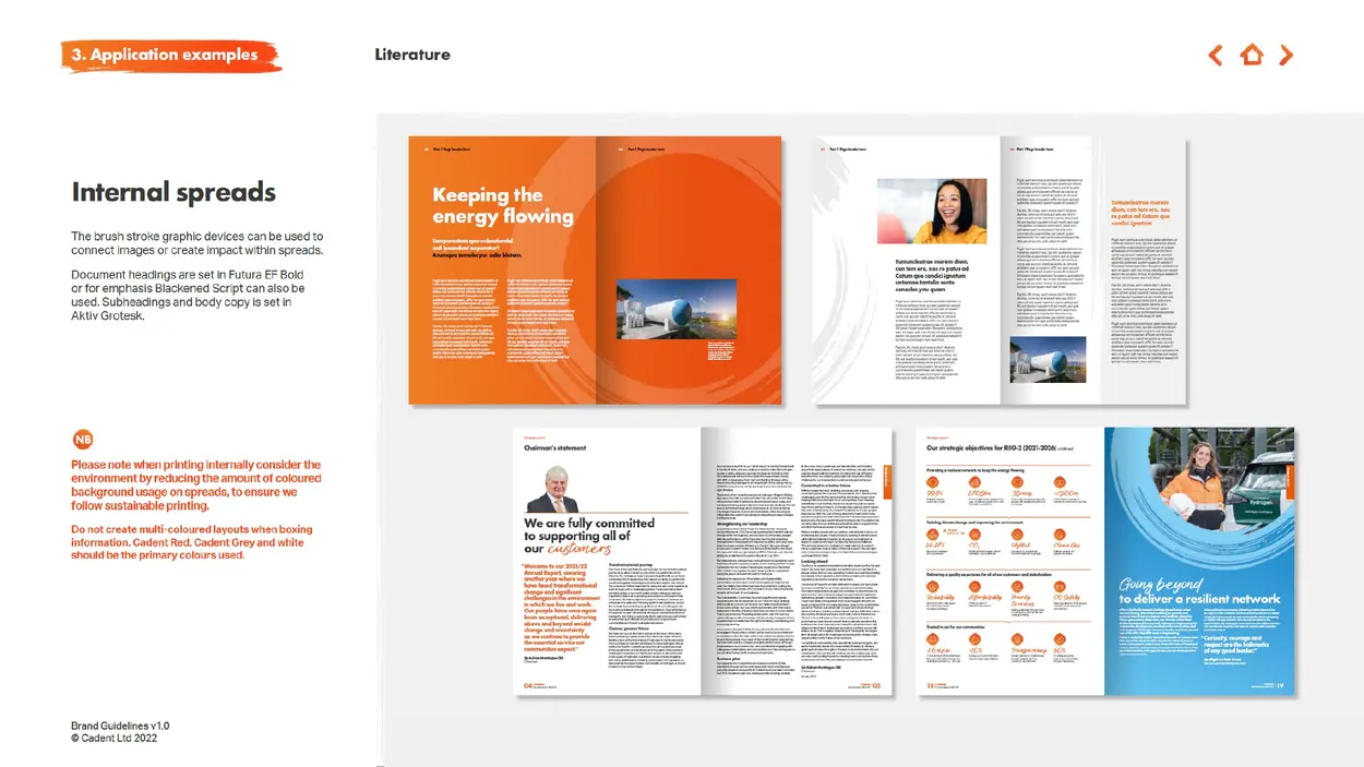 Cadent brand applied across internal literature spreads