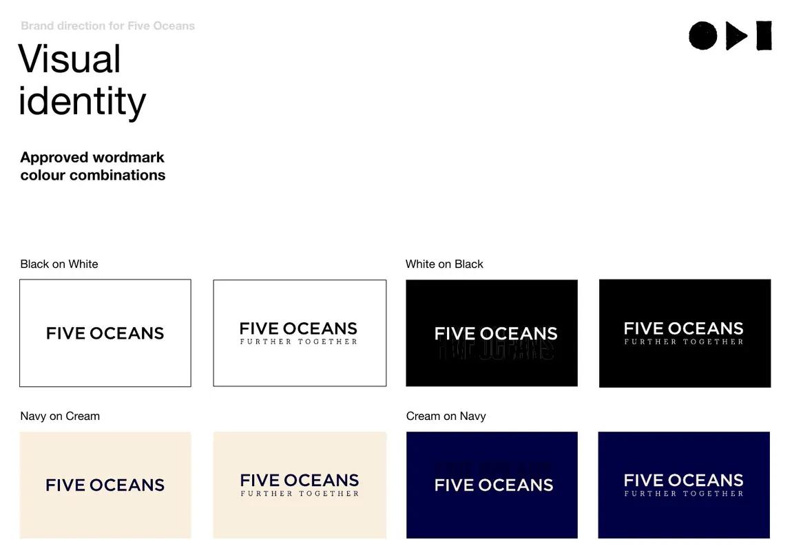 Approved Five Oceans wordmark colour combinations