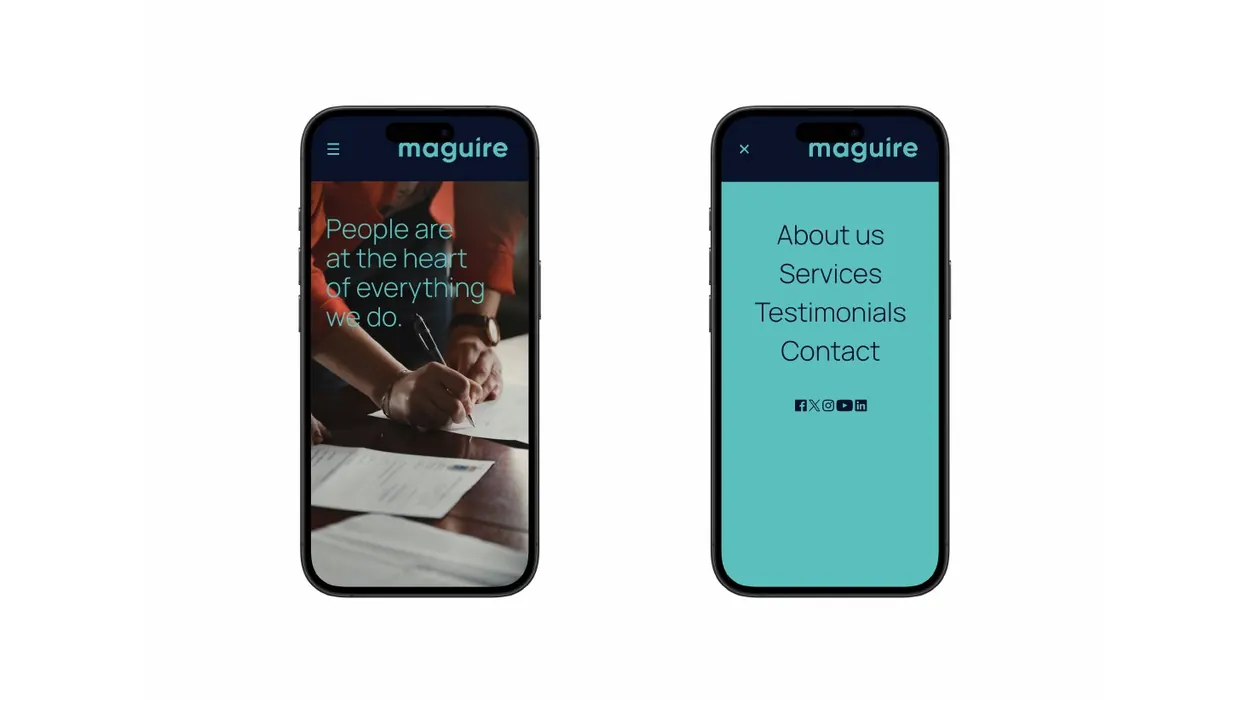 The Maguire site on mobile, with menu open