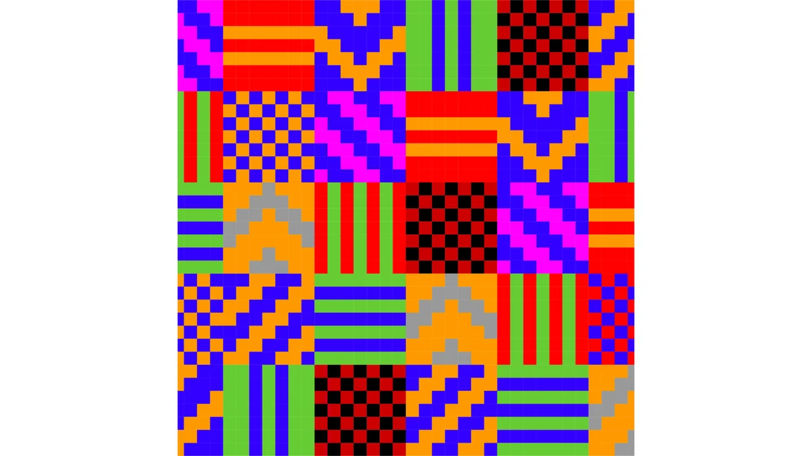 The Onyame cloth, a square of pixel-drawn kente blocks