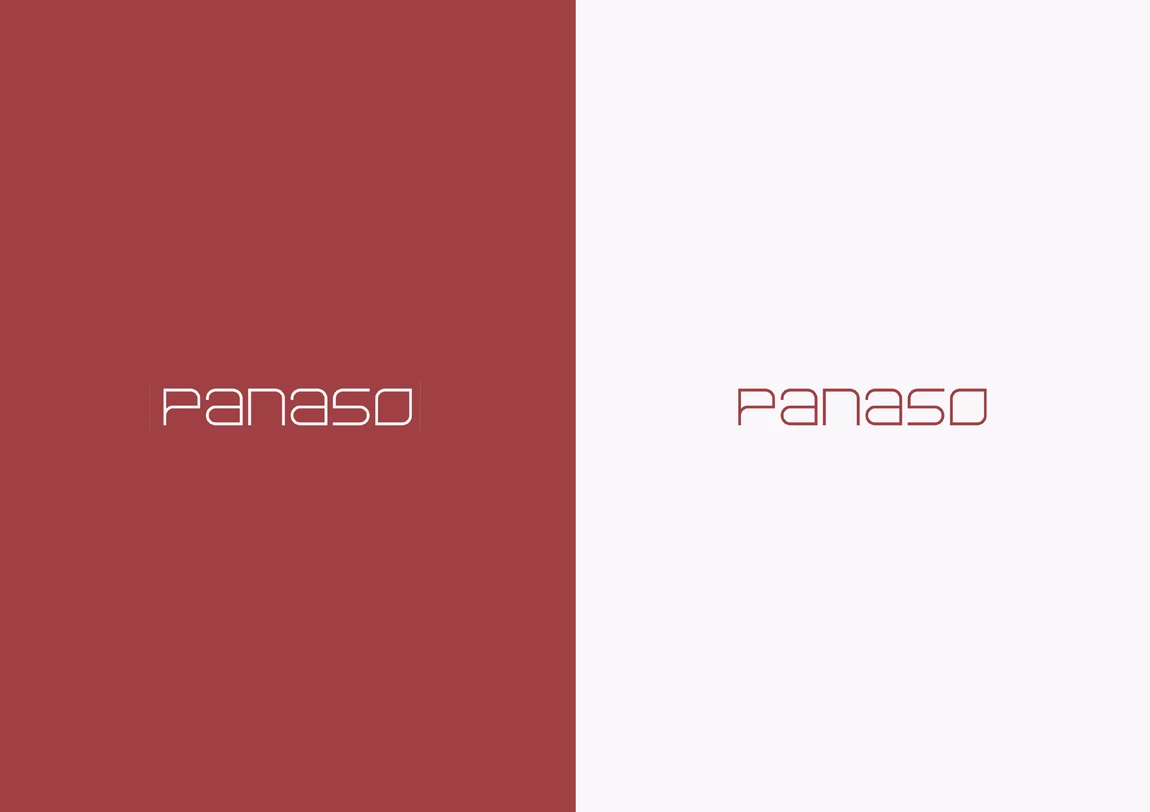 The Panaso wordmark on red and on egg-shell