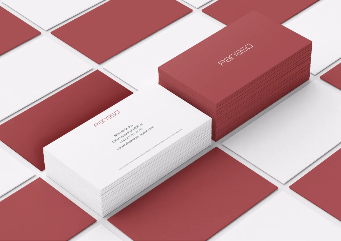 Panaso business cards in red and egg-shell